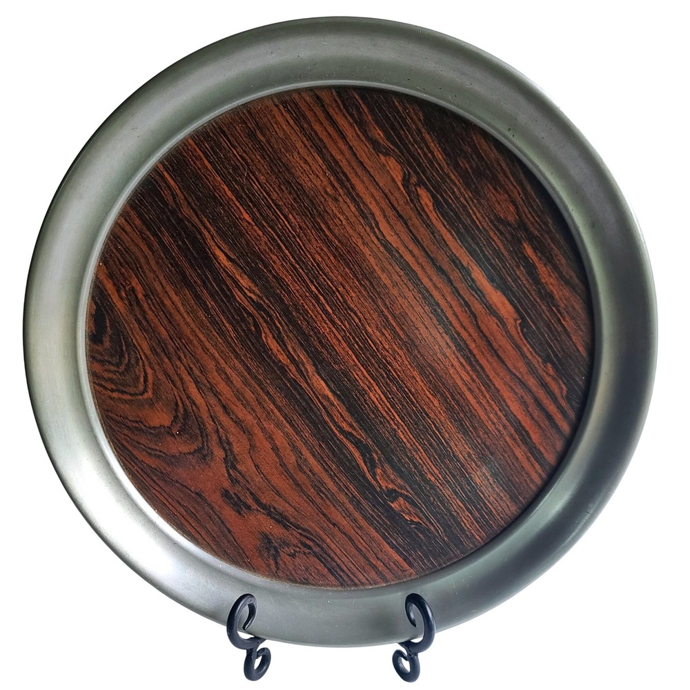 Round Serving Tray‎ Pewter Tone Rimmed Vintage MCM Platter Faux Wood Grain 13.5"